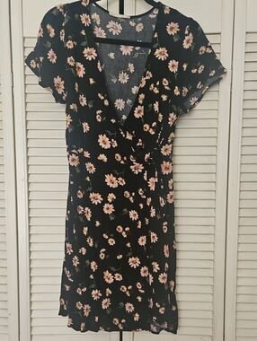 Black Floral Wrap Dress with Pink Daisy Print